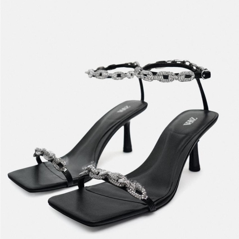 ZARA RHINESTONE CHAIN HEELED SANDALS SIZE 6.5